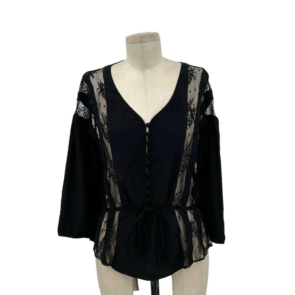 Parker Black Silk Lace Inset Button Tie Waist Corset Top Size Medium‎